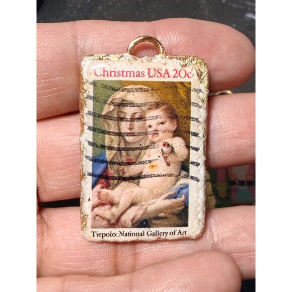 Handmade Jewelry - 1973 20c Christmas Stamp Clay & Gold Leaf Pendant Necklace Encased in Resin